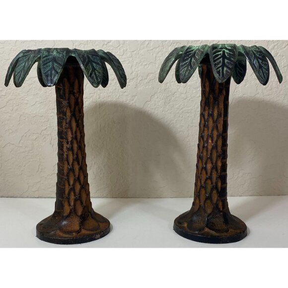 Vintage Metal Green & Brown Palm Tree Candleholders - Picture 5 of 8